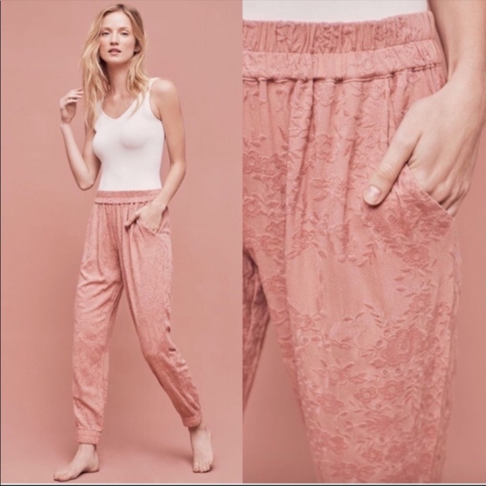 Anthropologie Saturday Sunday Versa Pink Rose Tyrie Embroidered Joggers